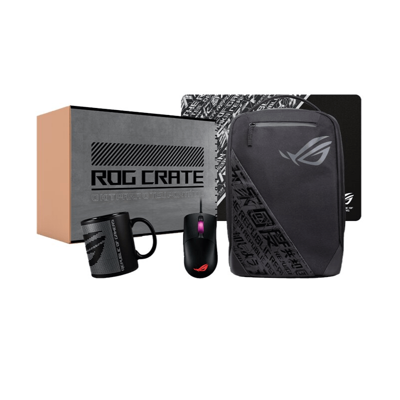 Kit Asus ROG Crate Mochila 17.3" Ranger + Rato STRIX Keris + Tapete + Caneca + Stickers