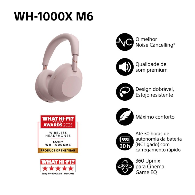 Auscultadores Bluetooth SONY WH 1000XM6 (Over Ear - Noise Cancelling - Microfone - Rosa)