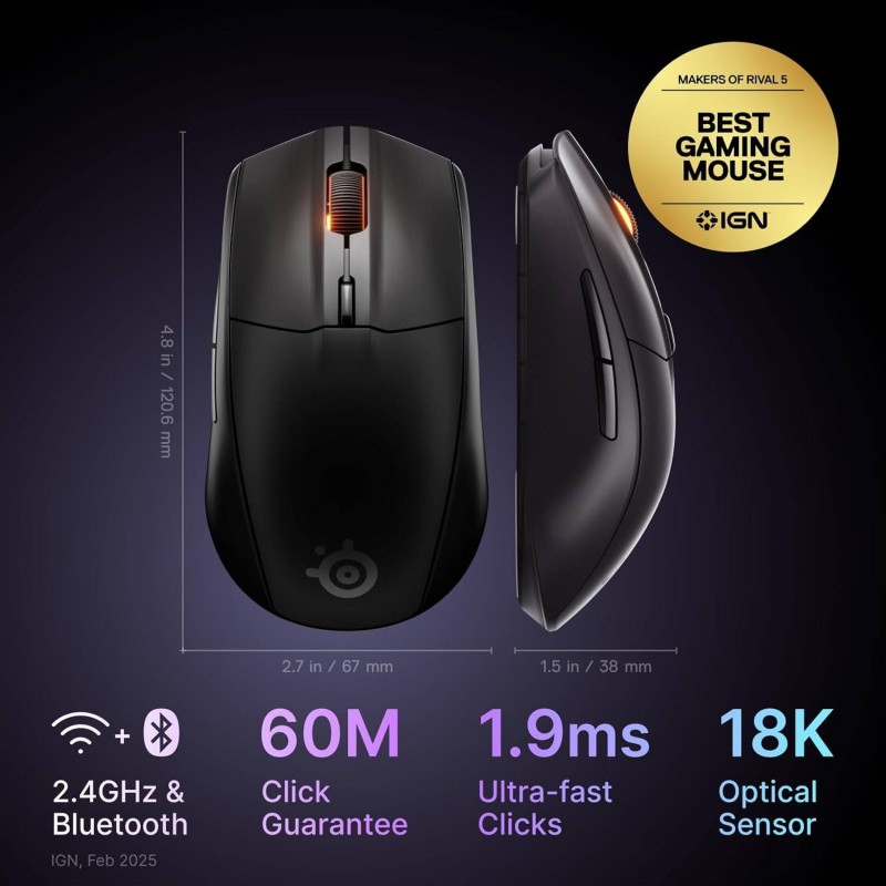 Rato Óptico Steelseries Rival 3 Wireless/Bluetooth Gen 2 18000DPI Preto